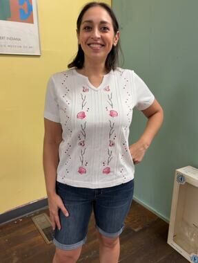 Vintage 90s Embroidered Pintuck Tee Seashell Coastal White West Palm